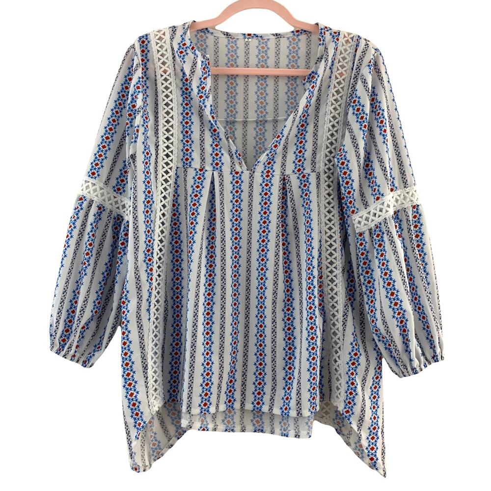 White V-neck Striped Cutout Long Sleeve Blouse Small